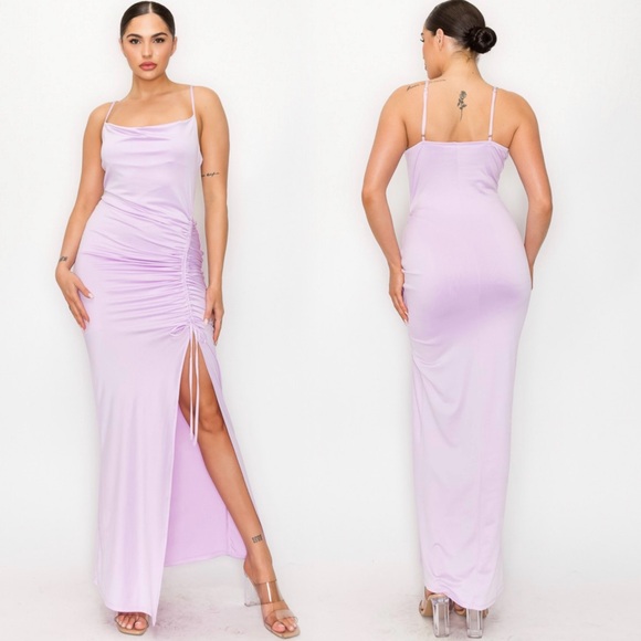 Lavender ruched cowl neckline maxi dress- wedding special occasion dress - Picture 5 of 9
